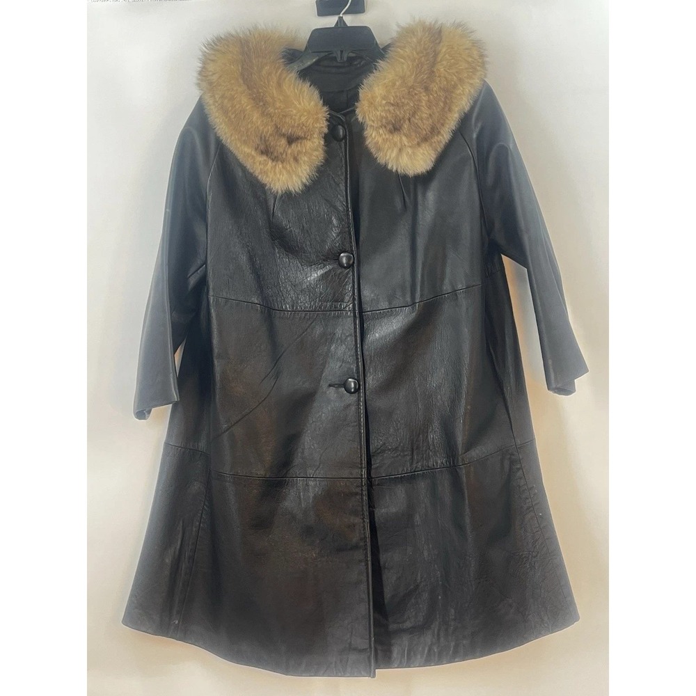 VTG Peter Caruso Mob Wife Leather Fur Collar Coat Womens XL Vintage Glam Luxury - Picture 3 of 15